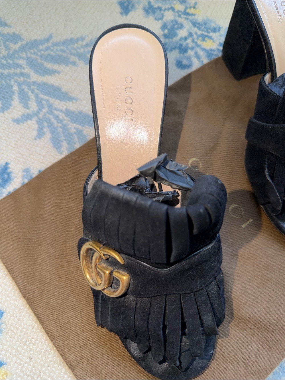 Gucci Black Suede GG Marmont Fringe Mules Block Heel Sandals 38 - Picture 3 of 10
